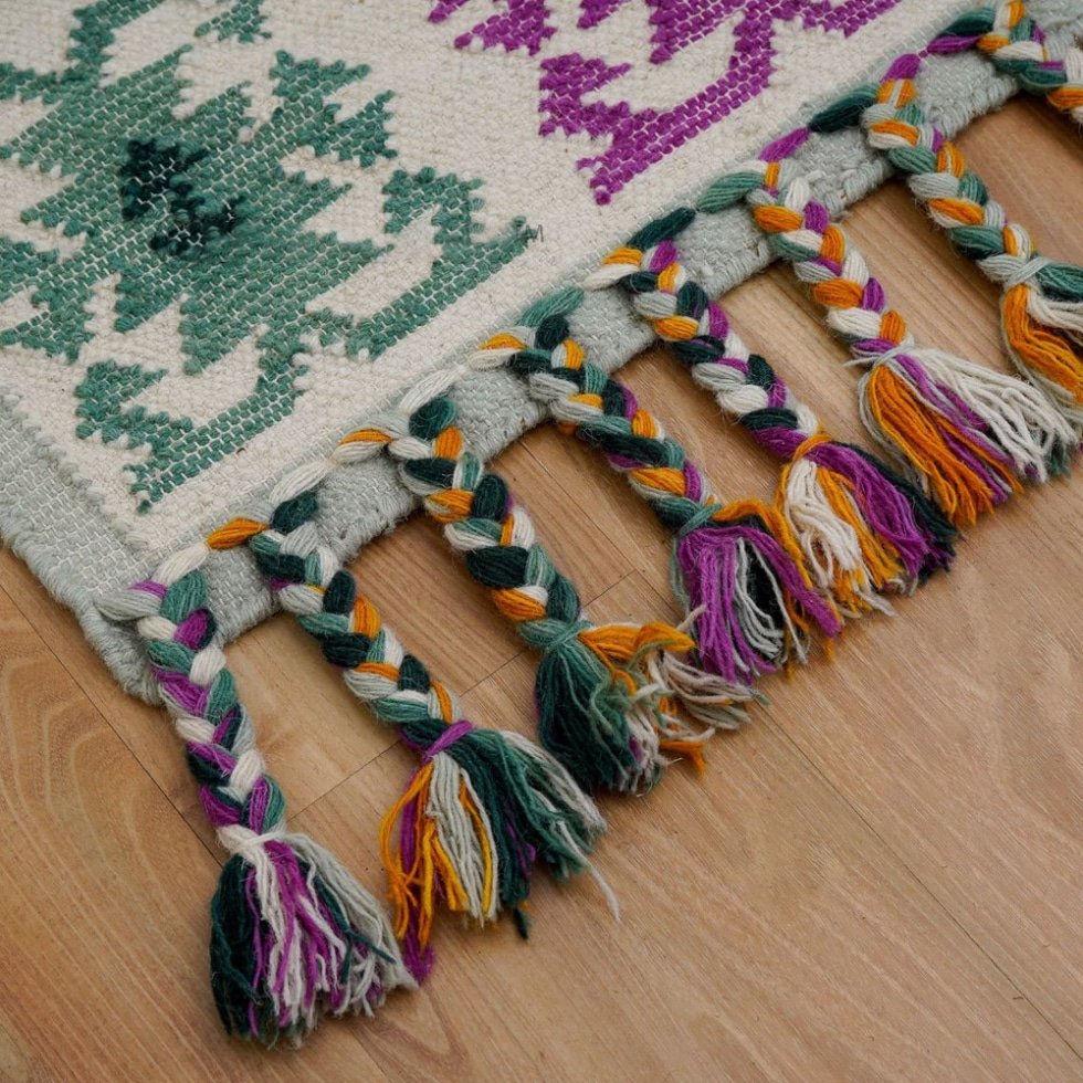 Grön och gul traditionell kelimmatta - Bild 8