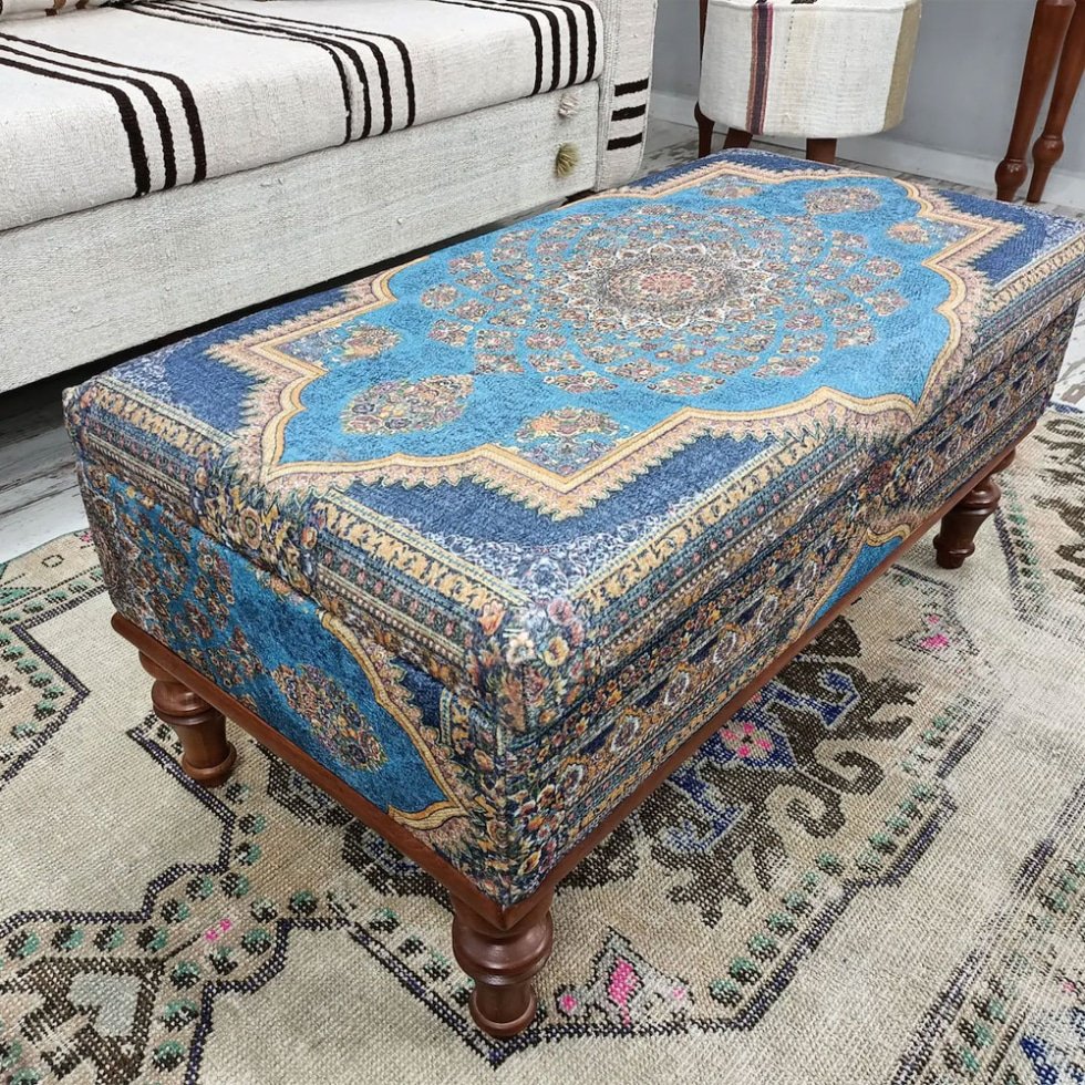 Blå turkisk kilim ottoman soffbord med förvaring
