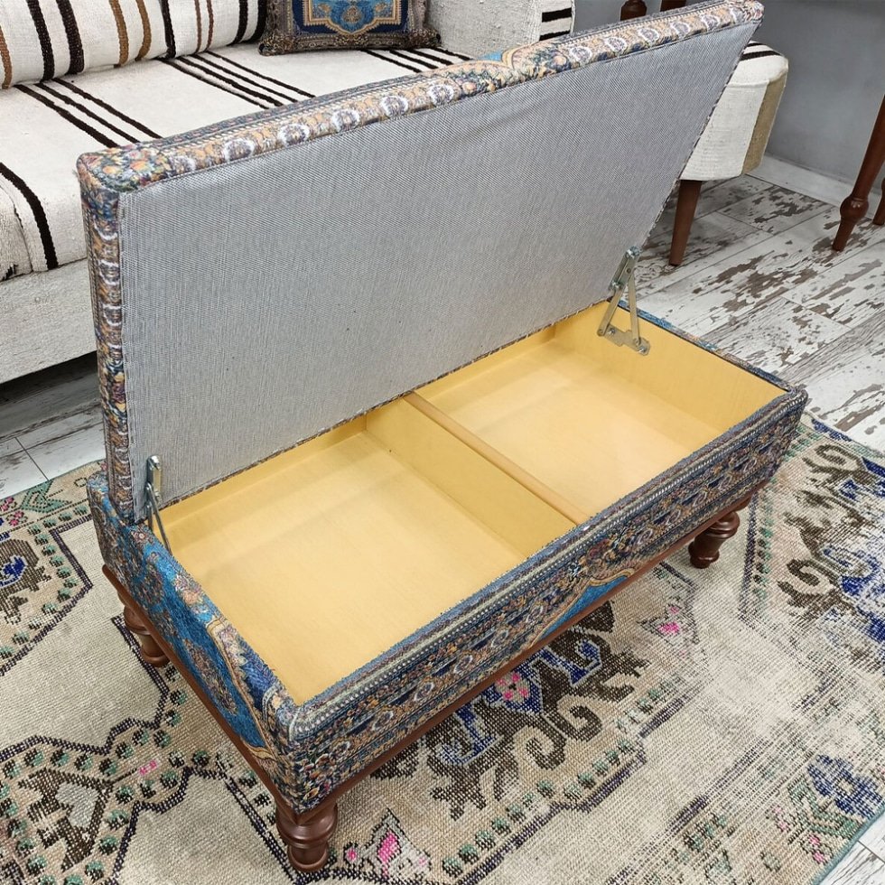 Blå turkisk kilim ottoman soffbord med förvaring