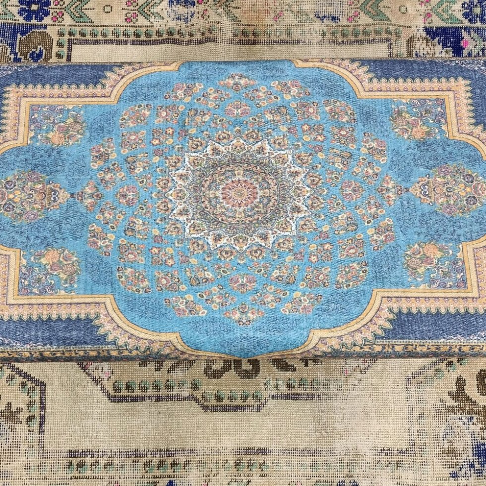 Blå turkisk kilim ottoman soffbord med förvaring