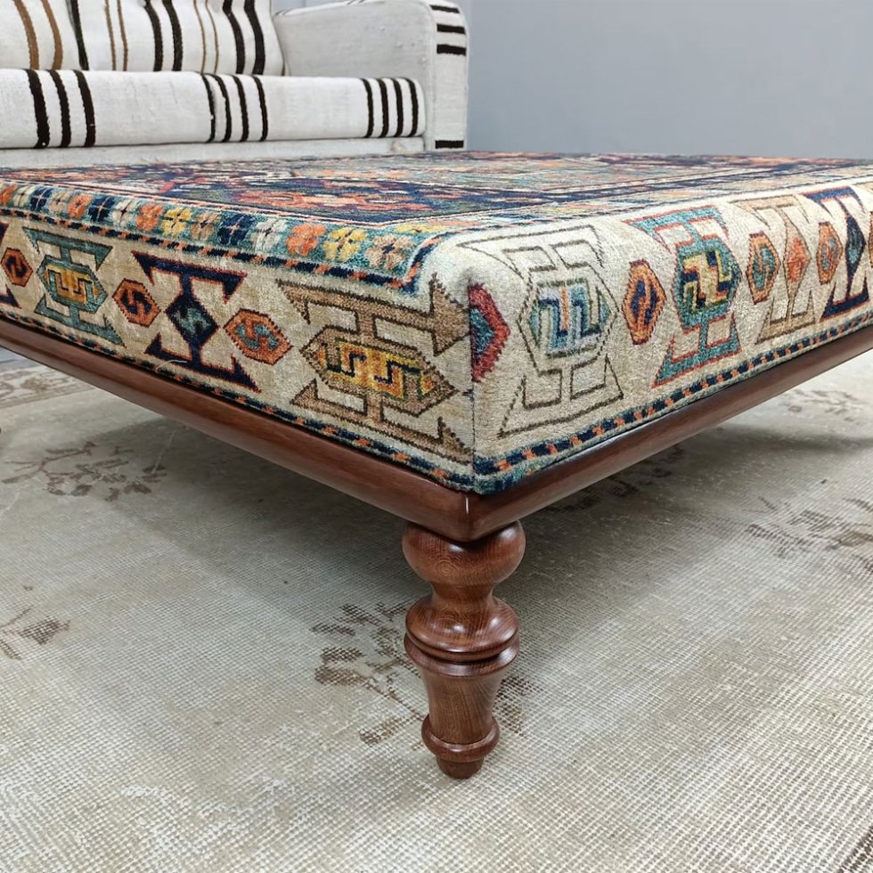 Blå och beige turkisk kilim ottoman soffbord