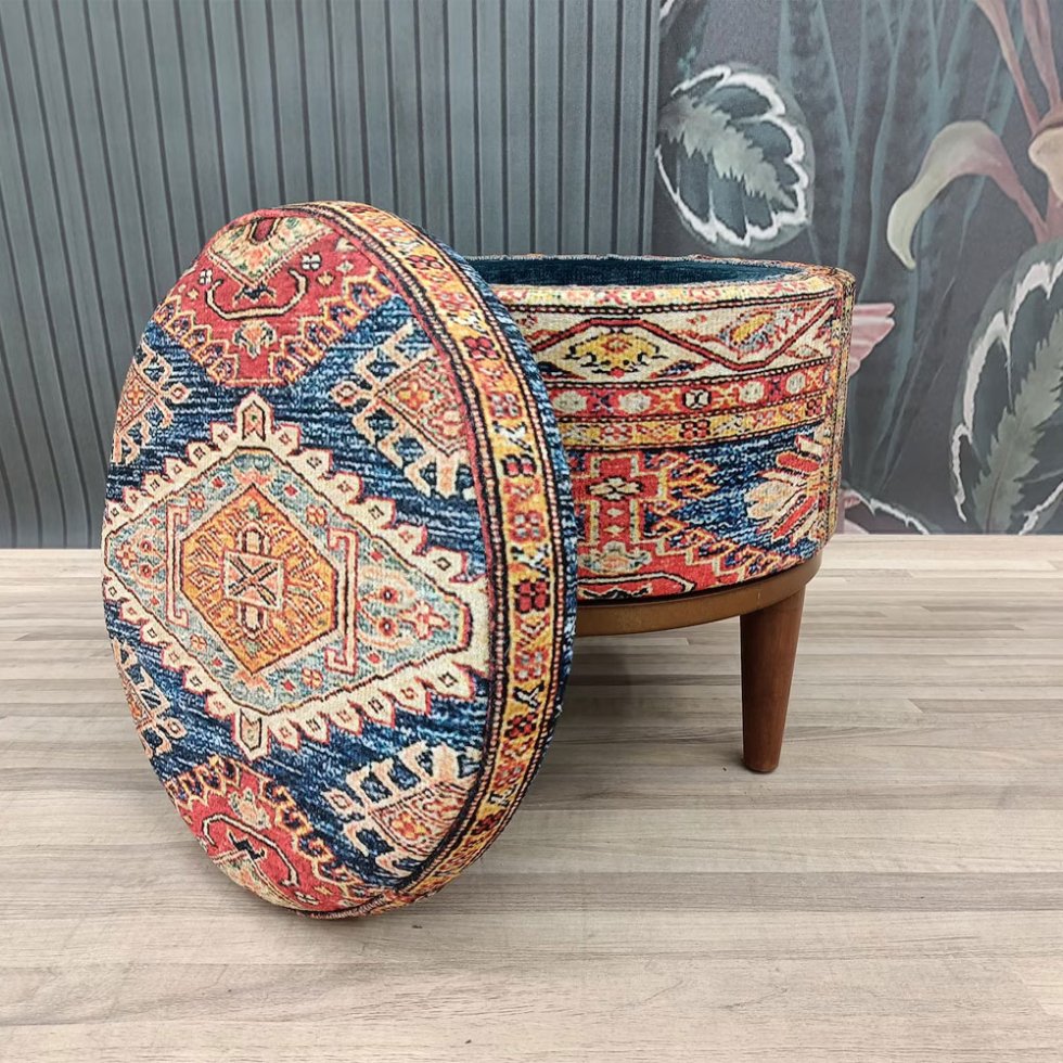 Blå och beige rund turkisk kilim ottoman med förvaring