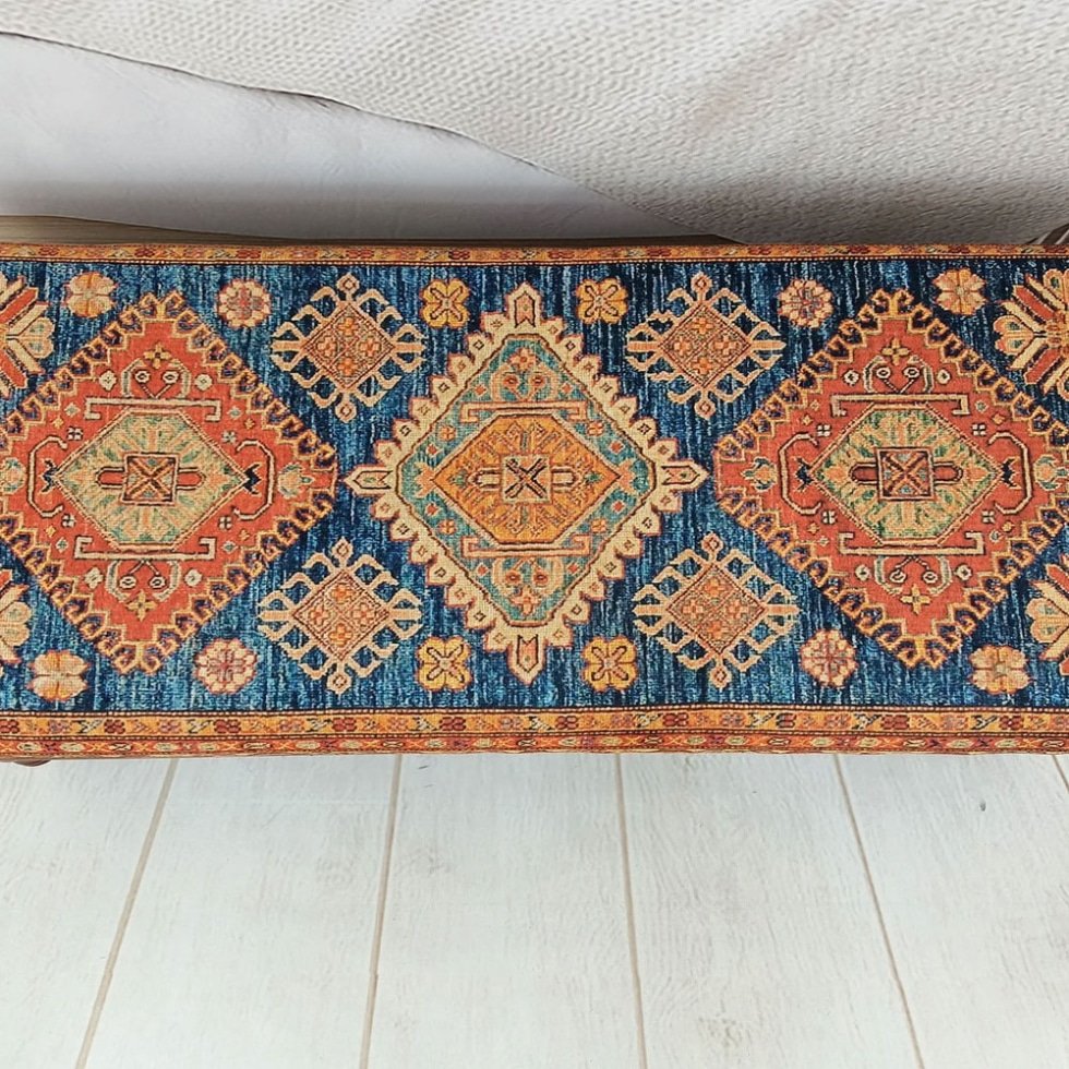 Blå och orange turkisk kilim ottoman soffbord med förvaring